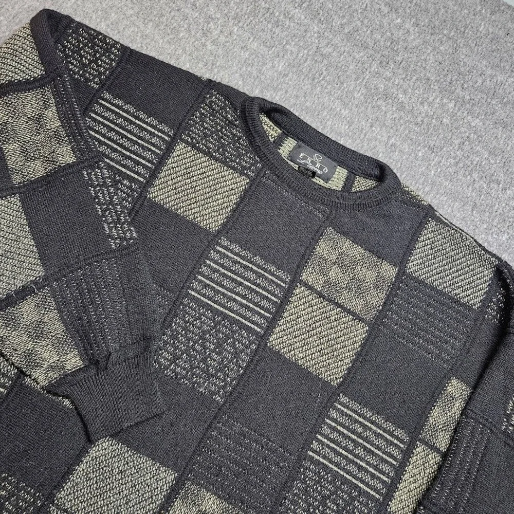 Enro Sweater Mens 2X Black Patchwork Geometric Wool Blend Crewneck Knit Vintage